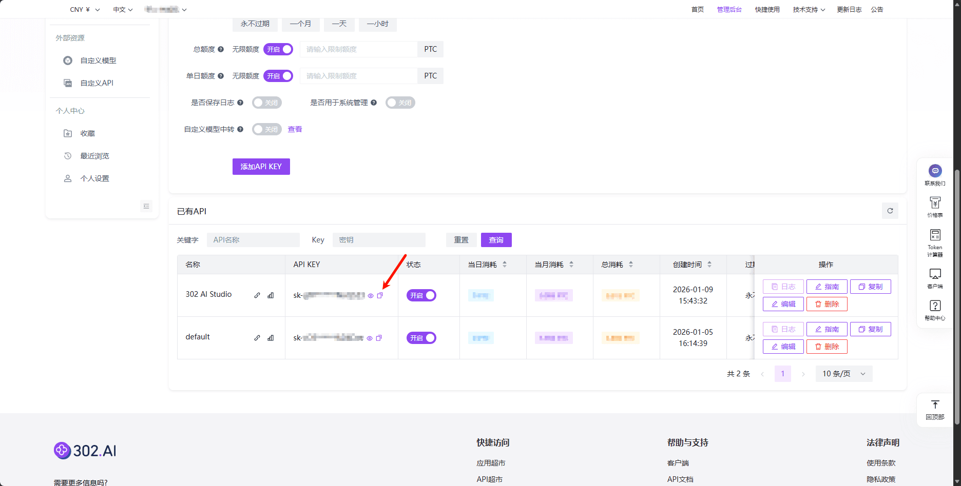 复制 API Key